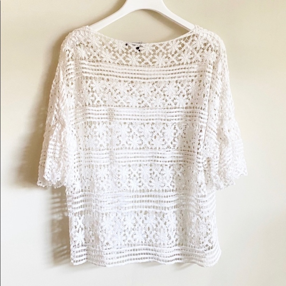 Anthropologie Blue Tassel Crochet Top White Sleeves Size S - Picture 2 of 6